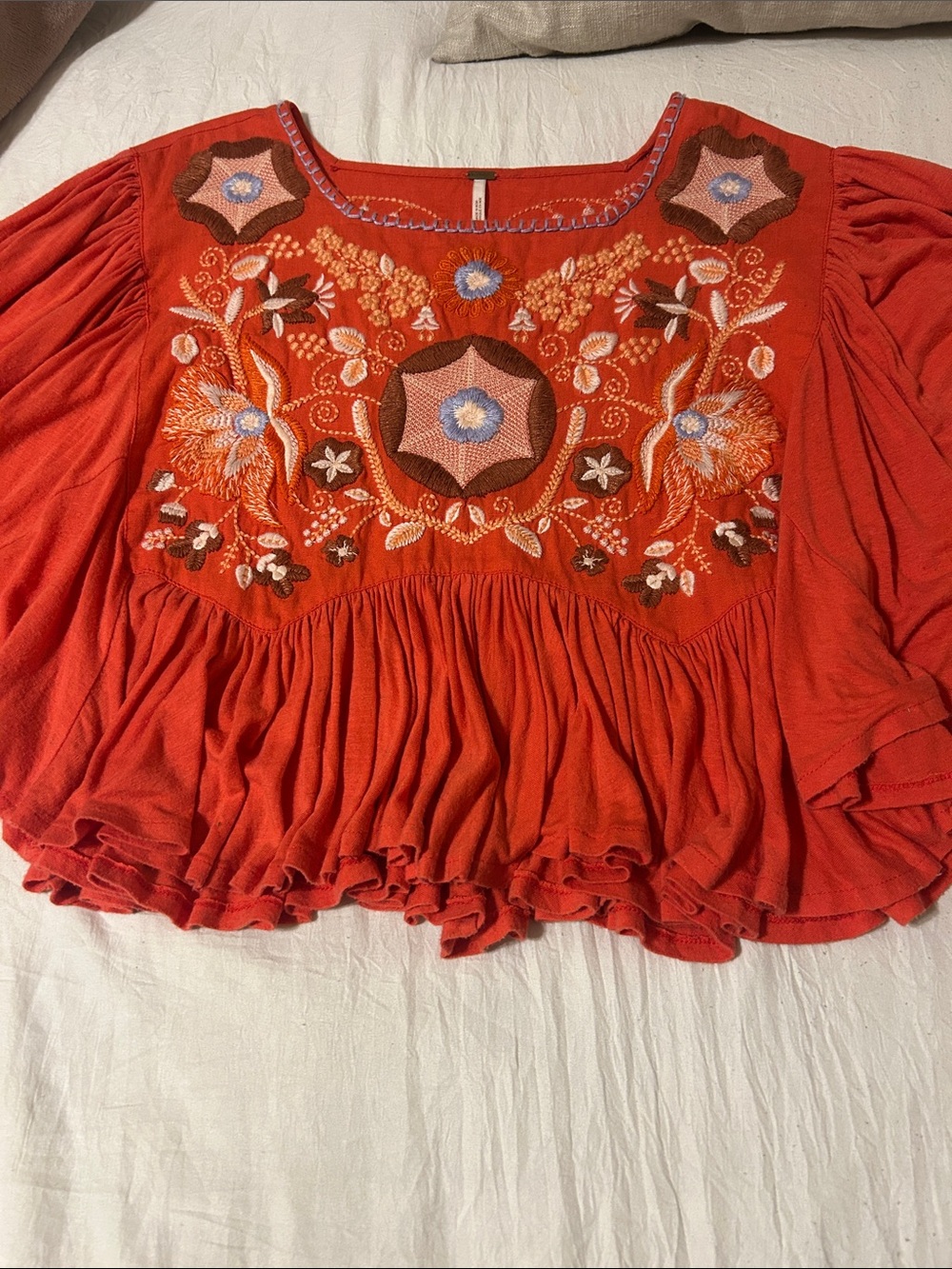 Free People Embroidered Coral-Red Peasant Tunic